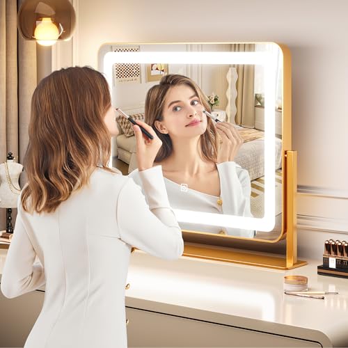 GAOMON Vanity Mirror with Lights, 19.7"x17.5" Touch Screen LED Mirror, 3 Lighting Modes for Makeup/Skincare, Adjustable Tabletop Mirror for Bedroom/Bathroom Decor, Gold