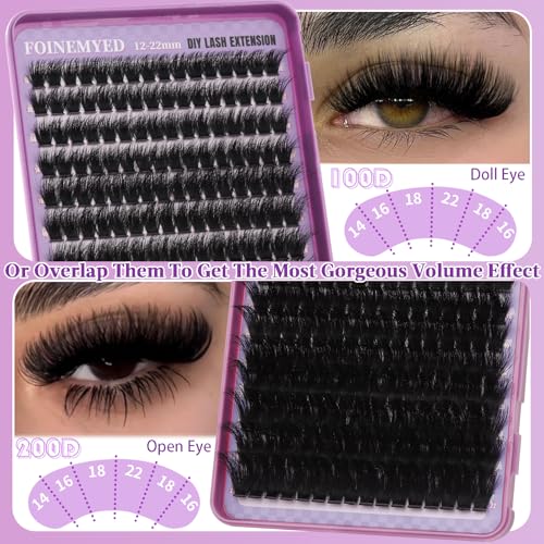 Lash Clusters Kit 100D+200D Thick Volume Eyelash Clusters Kit 12-22mm Long Cluster Lashes Eyelash Extensions Kit Individual Clusters Lashes Kit DIY at Home D Curly Lash Extension by FOINEMYED