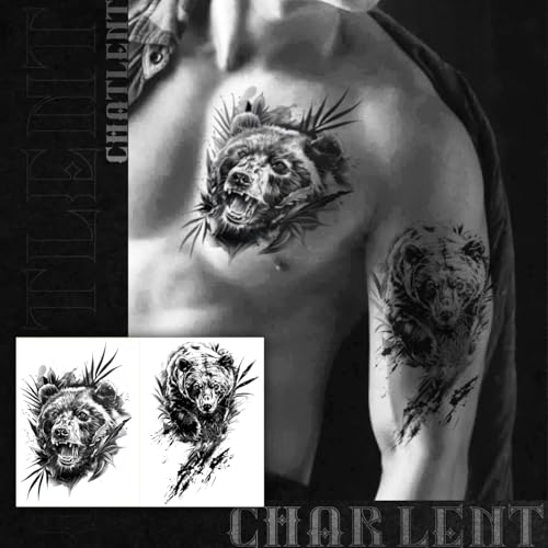 18 Pcs Realistic Tiger Bear Lion Wolf Temporary Tattoos for Men Adults - Black Fake Animals Tattoo Stickers for Men Women Adult Body Art Arm Chest Shoulder