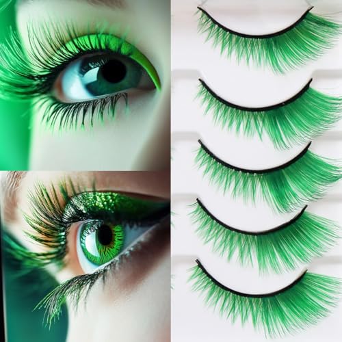 False Lashes Natural Lashes 5 Pairs Cat Eye Fluffy False Eyelashes for Halloween, Cosplay, Party, Stage Makeup (Green)