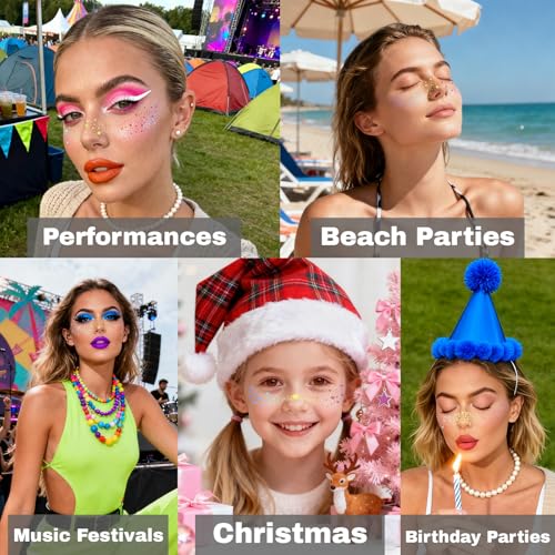 Glitter Freckles, Holographic Face and Body Glitter Tattoo Sparkle for Women Gold Glow Cosmetic Star Makeup Accessories for Festival Rave (12pcs Holographic)