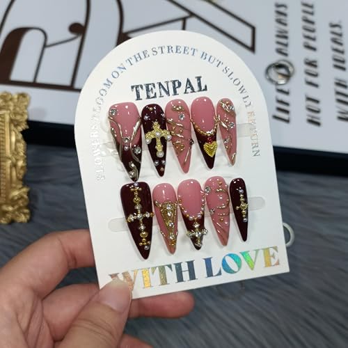 Handmade Press on Nails Long Stiletto - Wine Red French with 3D Cross & Wave Charms | Reusable & Enamel Glossy False Nails | Gothic Classical Style(L)