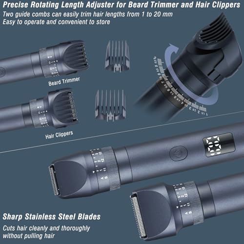 Beard Trimmers Kit for Men Precise Dial Adjustable 20 Lengths, 5-in-1 Electric Shavers and Hair Clippers Set - Body Nose Ear Mustache Hair Trimmers Razors Waterproof Wet/Dry - USB-C Charging Dock
