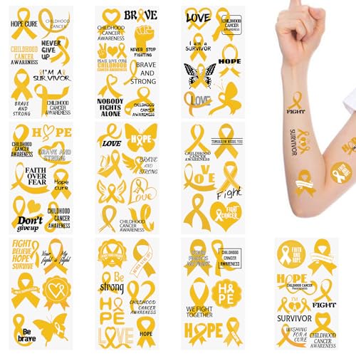 WANDIC 30 Sheets Childhood Cancer Awareness Temporary Tattoos, Gold Ribbon Awareness Tattoo Sticker Cancer Survivor Decals for Charity Decoration
