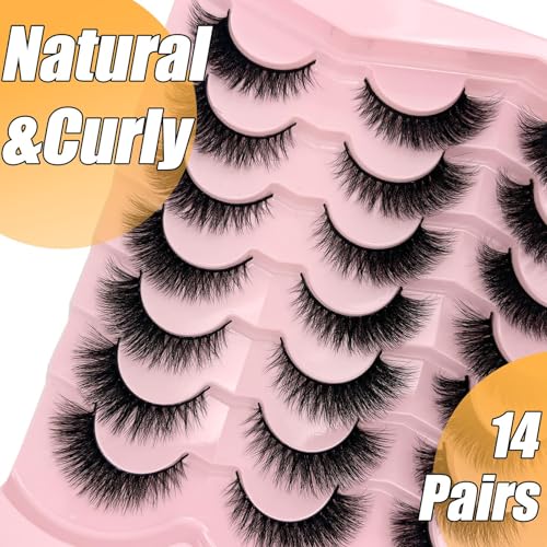 Cat Eye Lashes Natural Look Short Fluffy 16mm Faux Mink Full Strip Lashes Pack 3D C Curl Volume Fox Eye False Eyelashes 14 Pairs