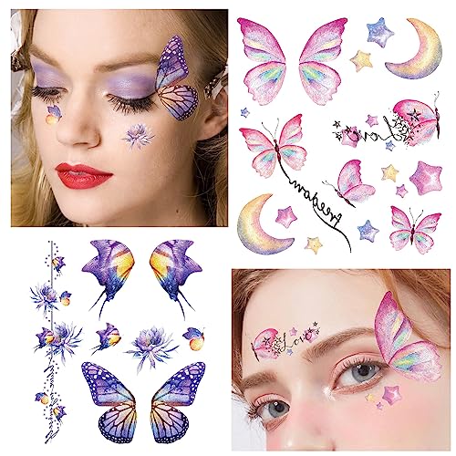 Konsait 12 Sheets Glitter Butterfly Temporary Tattoos for Women Kids Butterfly Face Sticker Glitter Tattoos Temporary for Girl Fairy Eye Makeup for Women Princess Fairy Party Favors