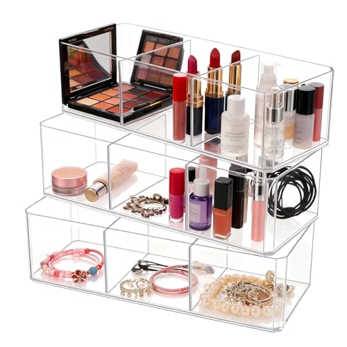 JAPCHET 3 Pack Acrylic Organizers, 3 Compartment Makeup Organizer, Clear Plastic Makeup Brush Holder Acrylic Pencil Holders for Vanity, Countertop, Desk, Kitchen, Bathroom, Makeup