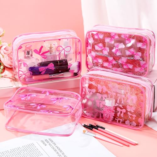 Kacctyen 8 Pcs Coquette Bow Makeup Bags Pink Clear PVC Skincare Cosmetic Bags Waterproof Travel Toiletry Zipper Pouch for Women Girls Coquette Bachelorette Party Favors