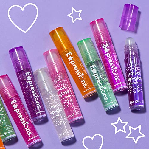 EXPRESSIONS 12pc Roll On Lip Gloss Set with Carrying Case, 12-Piece Glossy Lip Makeup - Assorted Fruity Flavors, Non Toxic, Kid Friendly, Party Gift, Best Friends