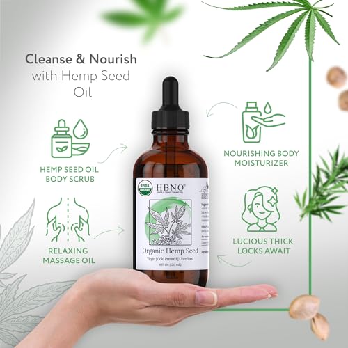 HBNO Organic Hemp Seed Oil - 4 oz (120 ml) Value Size - Natural Hemp, Cold Pressed - Perfect Carrier Oil for Massage, Aromatherapy, Diy, Soap Making, Face, Body, Lips, Hair, Nails