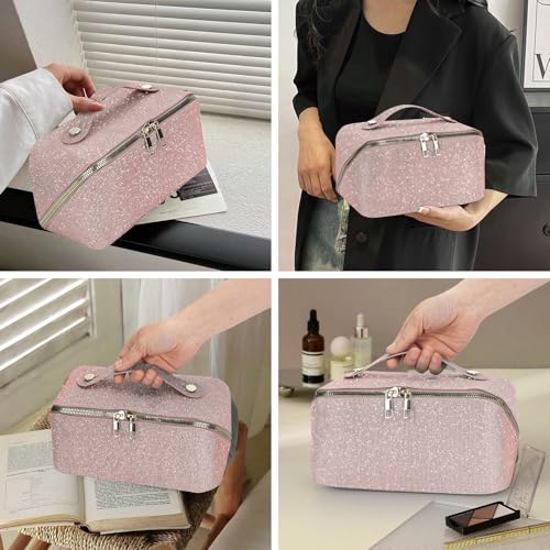 2026 New Makeup Bag, Large Capacity Cosmetic Bag with Sequin Design, Open Flat Travel Toiletry Bag with Divider & Handle-Rose Gold