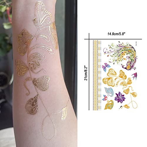 Aresvns Metallic Temporary Tattoo Butterfly, 8 Sheets Gold Silver Fake Tattoo for Women,Flash Jewelry Gold Boho Tattoos Waterproof and Long Lasting Accessories for Summer Night Party,Pool Party