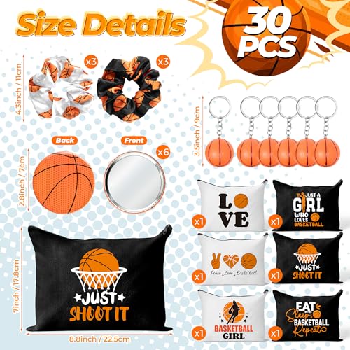 Y1tvei Basketball Party Favors Gifts - 30Pcs Basketball Makeup Bags Include Compact Mirrors Scrunchies Keychain, Stylish Cosmetic Pouch Team Sports Accessory Gift for Women Birthday Basketballs Party