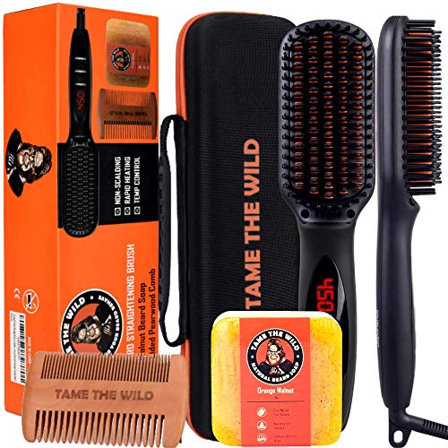 Beard Straightener for Men Kit - Includes Portable Heated Beard Brush, Beard Soap, Pearwood Comb, & Storage Case