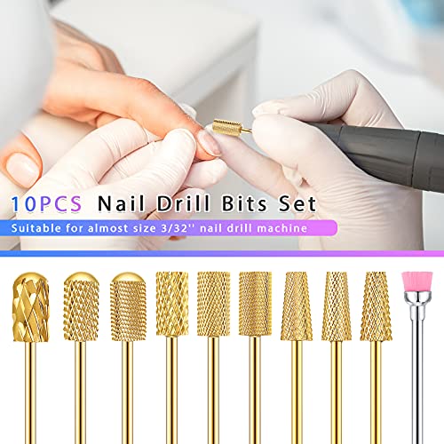 Honoson 10 Pcs Nail Drill Bits Set, 3/32 Inch Cuticle Tungsten Carbide Bit for Nail Drill Nails, File Remove Acrylic Gel Polish Manicure Pedicure Tool for Salon Home Supplies(Gold)