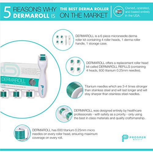 Derma Roller Microneedle 6 Piece Kit [DERMAROLL by Prosper Beauty] Face Roller with 4 Replaceable Heads Exfoliation Microdermabrasion Micro Derma Skin Care Tool Dermaplaning Microneedling