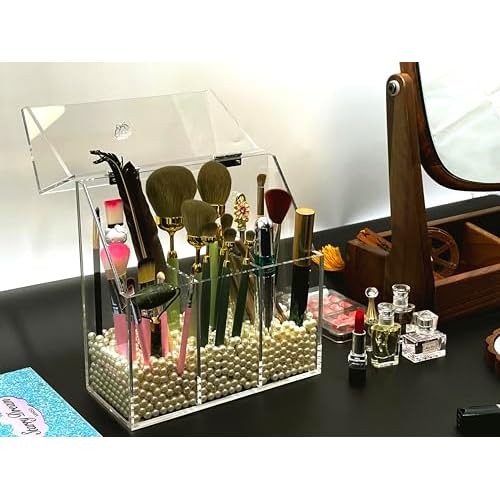 Acrylic Makeup Organizer,Clear Cosmetic Brush Storage Box With 3 Brush Holders,with Dust Cover, Large-capacity Split Design can Quickly Organize the Desktop (with3 bags of white pearls