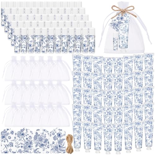 Loopeer 60 Sets Blue Floral Bridal Shower Hand Cream and Lip Balm Gift Bulk Blue Flower Wedding Favors Travel Size Hand Lotion and Lip Balm Wedding Bridal Baby Shower Party Supplies for Guests