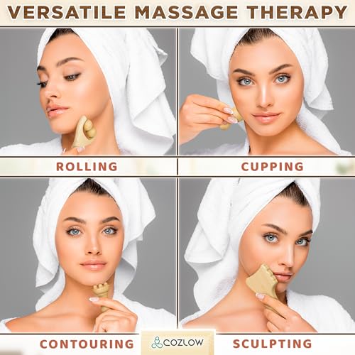 COZLOW Gua Sha Facial Massage Tools (5 Piece Set), Wooden Face Massage Therapy Kit for Face Lifting, Lymphatic Drainage, Skin Care & Anti-Aging
