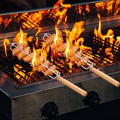 Wing Rails for Grilling Chicken Wings: Outdoor Barbecue Fork, Stainless Steel Chicken Wings Grilling Rails with Wooden Handle, BBQ Grilling Tool Set for Outdoor Picnic Camping Barbecue (2 Pcs)