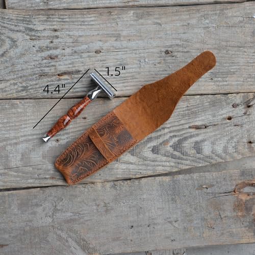 JJNUSA Old Fashioned Sleeve Travel Pouch Leather Safety Razor Case, Double Edge Razor 4.5", Shaving Accessories, Personal Care Essentials, Men's Shaving Razor Flower brown