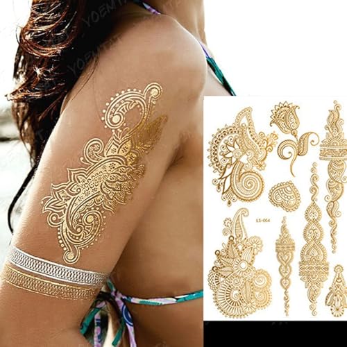 Henna Tattoos, Gold Henna Temporary Tattoos Stickers for Women Wedding Party Festivals, & Parties Decoration Suppliers 6Sheets (gold)