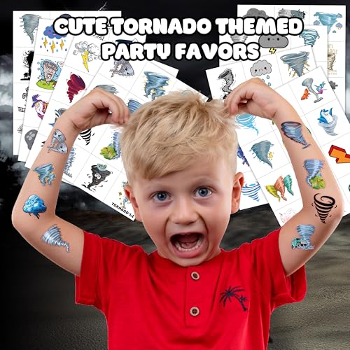 96PCS Tornado Pre-Cut Temporary Tattoos ? Twonado Theme Birthday Party Decorations, Cute Storm Stickers Favors, Gifts for Kids Boys Girls, School Supplies, Prizes, Rewards