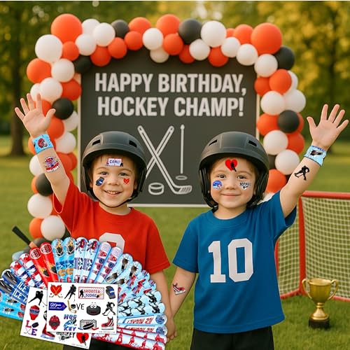 48-Piece Ice Hockey Party Set: Temporary Tattoos (24PCS) and Slap Bracelets (24PCS) - Perfect for Themed Birthday Parties, Baby Showers, Classroom Rewards, and Gifts for Kids