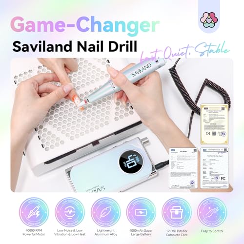 SAVILAND Advance Nail Drill for Acrylic Nails Professional: 40000RPM Nail Drill 6000mAhm High Capacity 2025 Rechargeable Electric Nail File 13 Drill Bits for Nails Manicure Pedicure E File Sky Realm