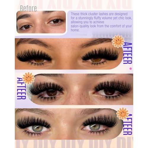 Thick Lash Clusters 300D+400D Volume Eyelash Clusters 12-22mm Long Fluff Cluster Eyelash Extensions Mega Full DIY Salon-look Wispy Lash Extension with Bottom Lashes 5 Styles 220Pcs