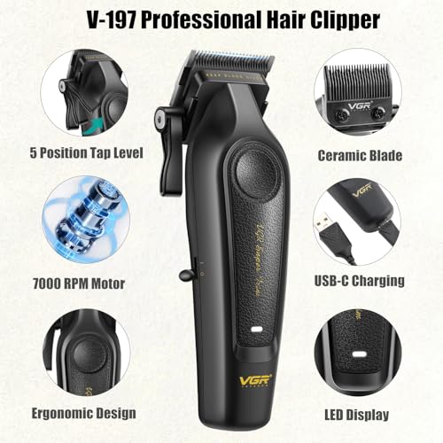 VGR Professional Hair Clippers for Men - Cordless Barber Clippers & Zero Gapped Trimmer Set, 7000RPM High Power Hair Cutting Kit with Ceramic Blade, USB-C Rechargeable Grooming Tools for Fade V197&995