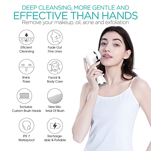 Facial Cleansing Brush Rechargeable, Spin Face Wash Brush IPX7 Waterproof Electric Face Scrubber Exfoliator, 3 Speeds & 5 Brushes for Cleansing and Exfoliating, White