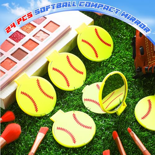 24 Pcs Softball Compact Mirror for Softball Gifts Sport Party Supplies 2.75 Inches Folding Pocket Purse Mirror for Women Makeup Team Accessories Supplies