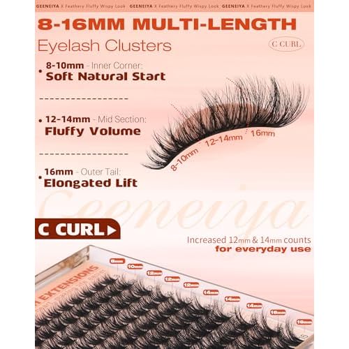 Geeneiya Fluffy Lash Clusters Wispy Eyelash Clusters, 8-16mm Natural Lashes Clusters, C Curl Cluster Eyelash Extensions, Natural Look Lash Extension for Beginners