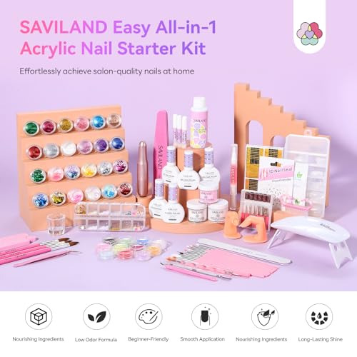 SAVILAND Acrylic Nail Kit: 2026 Hema-free Bio-based All-in-1 Nail Kit with Clear White Pink Acrylic Powder EMA Monomer Nail Drill Full Tools For Beginners Extension Carving Home DIY