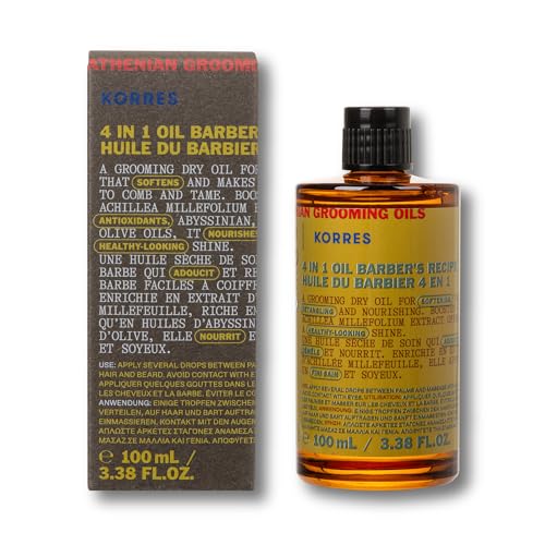 KORRES Athenian Grooming 4-in-1 Men¡¯s Care Oil, Dry Oil for Hair & Beard with Achillea Millefolium, Abyssinian, Almond & Olive Oils, Detangles, Softens, Vegan, Silicone & Paraben Free, 3.38 Fl Oz