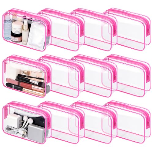12PCS Clear Cosmetic Bag Transparent PVC Makeup Bag Waterproof Plastic Zipper Pouches Travel Toiletry Organizer Cosmetic Storage Case for Women Traveling Bathroom (Rose Red, Medium)