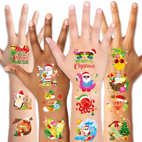 96 Pcs Summer Christmas Temporary Tattoos July Christmas Summer Party Face Tattoo Stickers Beach Coconut Pattern for Kids Adults Holiday in July Party Xmas Favors Supplies Decoration
