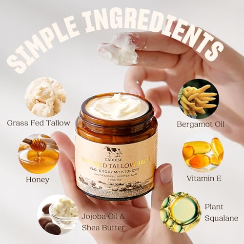 Whipped Beef Tallow for Skin ? 100% Grass-Fed Handmade Cream Moisturizer for Face & Body, Natural with Honey, Shea Butter, Jojoba Oil, Non-Greasy, Nourishing for Men, Women, Kids, 4 Oz