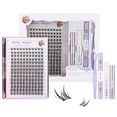 Molly Magic Aphrodite Lash Clusters Kit, Wispy Natural 8-18mm D Curl Individual DIY False Eyelash Extensions with Lash Bond and Seal, Thin Invisible Black Band