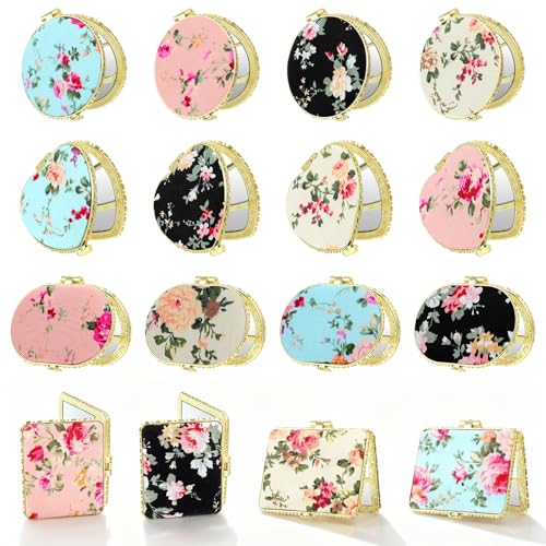 16 Pcs Compact Mirrors for Purse Bulk Small Flower Pocket Mirror Vintage Portable Floral Folding Tea Party Favors Return for Women Birthday Wedding Makeup Travel, Gold Edge