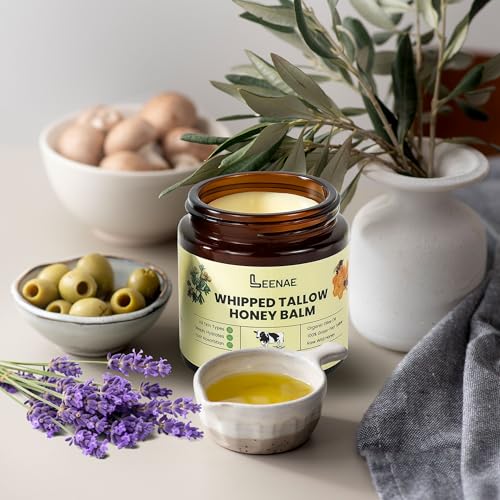 LEENAE Whipped Beef Tallow Moisturizer with Honey ? Grass Fed Tallow Face & Body Balm, Unscented Natural Skin Cream with Olive Oil, 4 oz