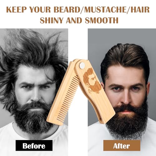 Folding Beard Comb for Men, Portable Bamboo Beard & Mustache Comb Hair Brush with Travel Pouch, Ideal Father¡¯s Day, Birthday, Christmas Gift Stocking Stuffers for Him