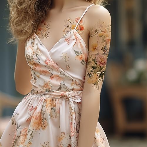 Everjoy Flower Temporary Tattoo Sleeve Sheets Kit, 12 Large Watercolor Floral Tattoo Stickers, 13 Small Fake Flower Tattoo Designs for Women and Girls