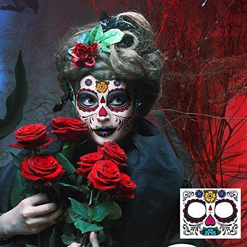 Temporary Face Tattoo, 8 Kits Tattoos Sugar Skull Stickers Day of The Dead Makeup, Face Tattoo Rose Design for Halloween, Masquerade and Parties