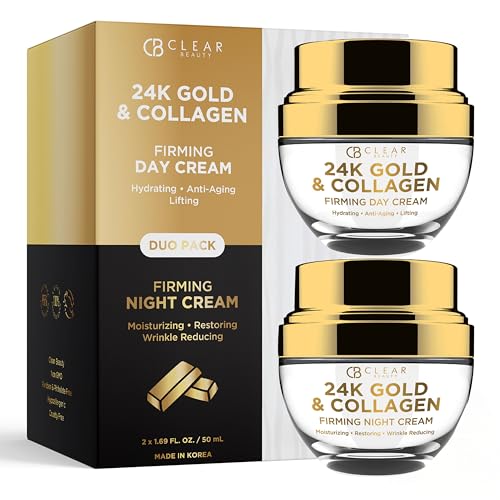 Clear Beauty 24K Gold & Collagen Face Moisturizer - Dermatologist Tested, Anti Aging, Korean Skin Care - Hydrates, Firms, Smooths For Youthful Skin - Vegan, Clean Beauty - Duo Pack