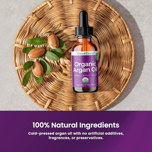 Viva Doria Organic Argan Oil, 1 Fl Oz, Pure Cold Pressed Natural Beauty Oil for Face, Hair, Body, Unscented