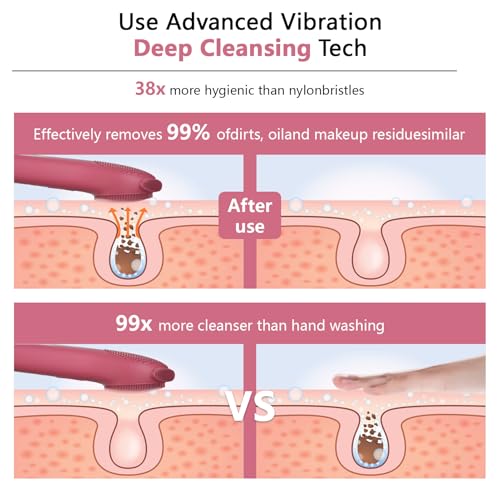 Silicone Face Scrubber, Waterproof Rechargeable Facial Cleansing Brush, 5 Cleansing Modes with Nose Brush for Women & Men Electric Facial Tool for Deep Cleaning Exfoliating, Massaging Berry