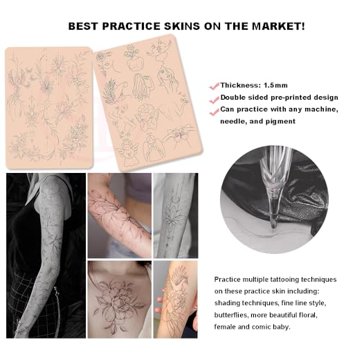 1PC Double Side Silicone Training Pad, Pink Pre-Printed Fine Line Tattoo Practice Skin with Light Gray Stencils, Precise Tattooing Training Pad