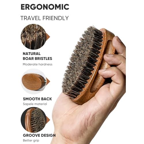 Beard Brush, Natural Boar Bristles Beard Brush for Men and Wooden Sandalwood Pocket Beard Comb Set, Facial Hair Grooming Kit with Mustache Scissors as a Styling Tool, Growth, Detangles, Shine